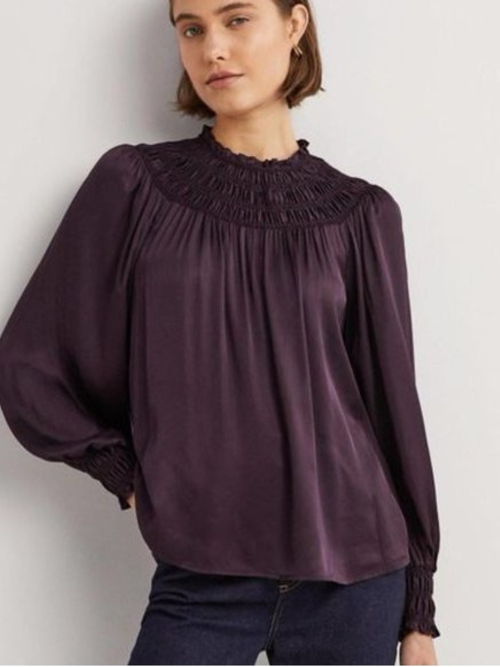 Boden smocked neck silky blouse in deep plum size 10